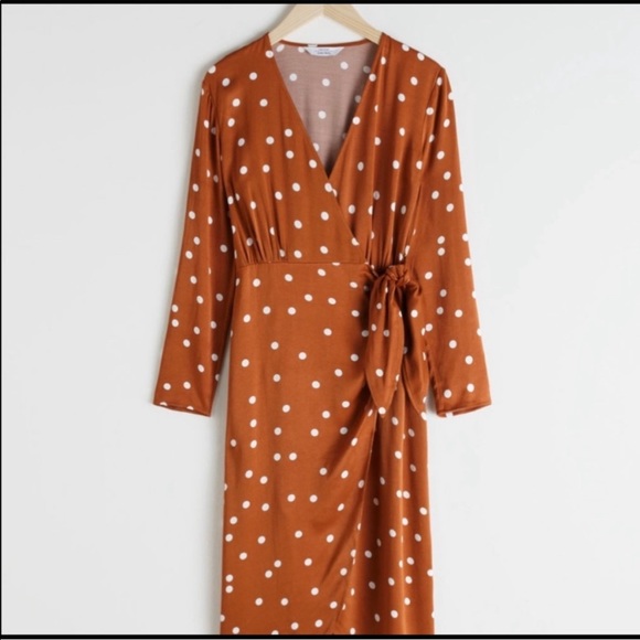 & Other Stories Paris Atelier Rust Orange Polka Dot Faux Wrap Dress 0 - Picture 2 of 13
